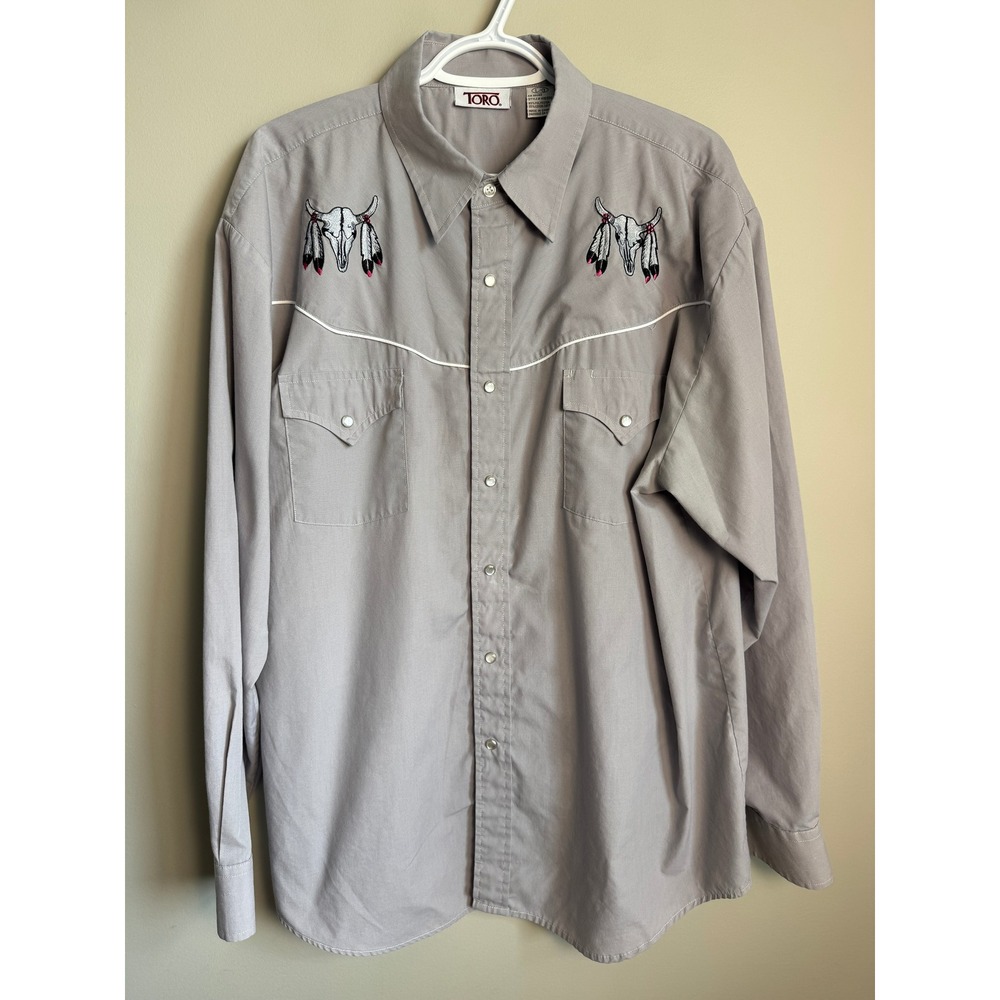 Toro Mens Western Pearl Snap Bull Skull Embroidery Gray Shirt Large Cowboy Rodeo